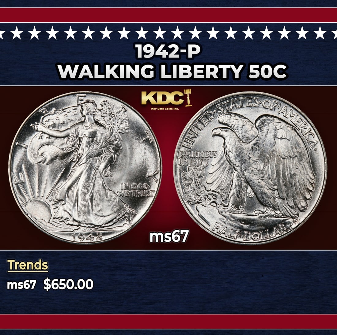 1942-p Walking Liberty Half Dollar 50c ms67 SEGS: 1942-p Walking Liberty Half Dollar 50c ms67 SEGS. Historic precious metal trends is causing increased spot pricing by the day. On auctions with set openings, we are doing our best to have items priced