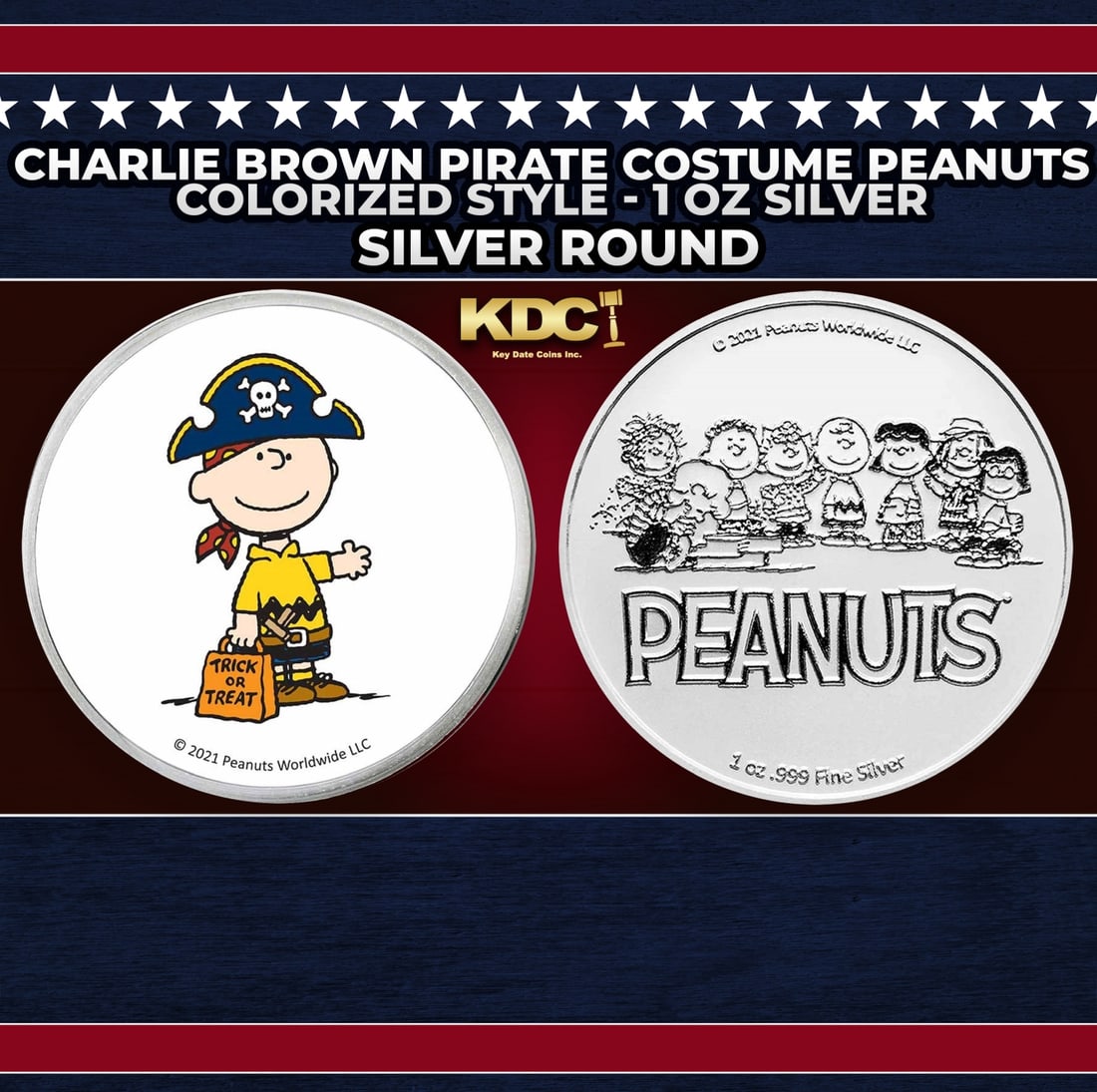 Charlie Brown Pirate Costume Peanuts Colorized Style - 1 oz Silver Round Round: Charlie Brown Pirate Costume Peanuts Colorized Style - 1 oz Silver Round. Now you can collect all of the classic Peanuts characters on these officially licensed colorized silver rounds! Contains 1oz o