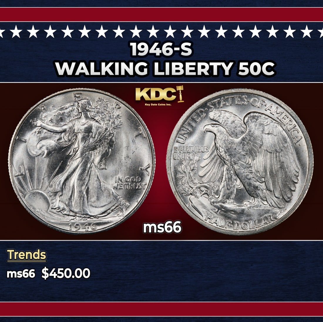 1946-s Walking Liberty Half Dollar 50c Grades ms66: 1946-s Walking Liberty Half Dollar 50c Grades ms66. Historic precious metal trends is causing increased spot pricing by the day. On auctions with set openings, we are doing our best to have items pric