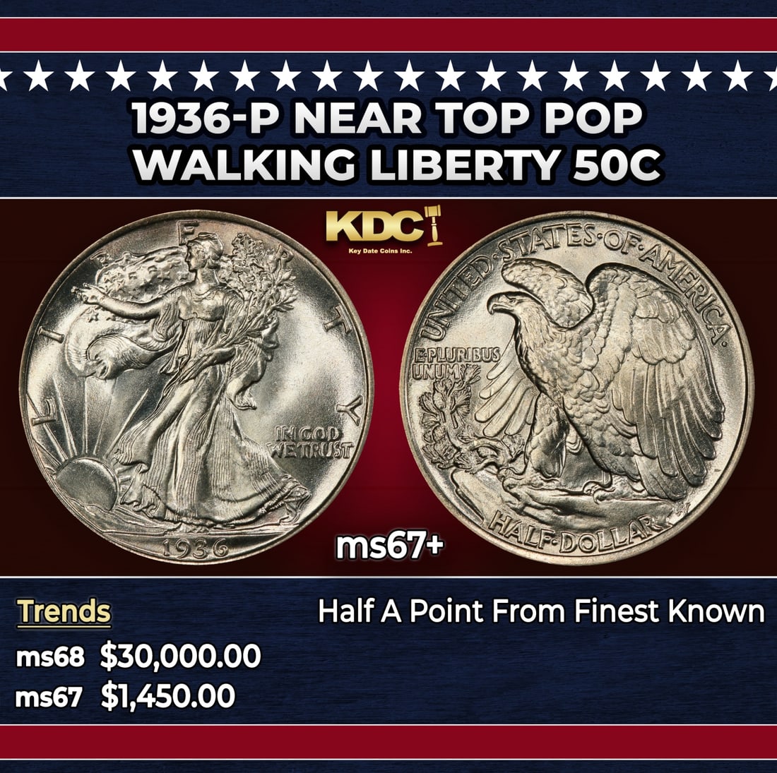 1936-p Walking Liberty Half Dollar Near Top Pop 50c ms67+ SEGS: 1936-p Near Top Pop Walking Liberty Half Dollar 50c ms67+ SEGS. Historic precious metal trends is causing increased spot pricing by the day. On auctions with set openings, we are doing our best to hav