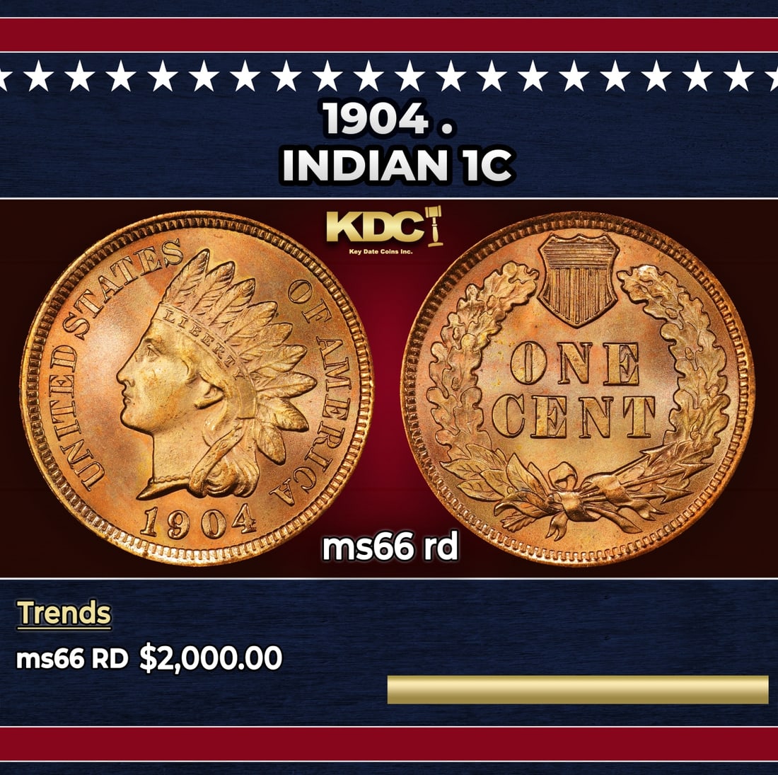 1904 Indian Cent . 1c ms66 rd SEGS: 1904 . Indian Cent 1c ms66 rd SEGS. Historic precious metal trends is causing increased spot pricing by the day. On auctions with set openings, we are doing our best to have items priced at their mark
