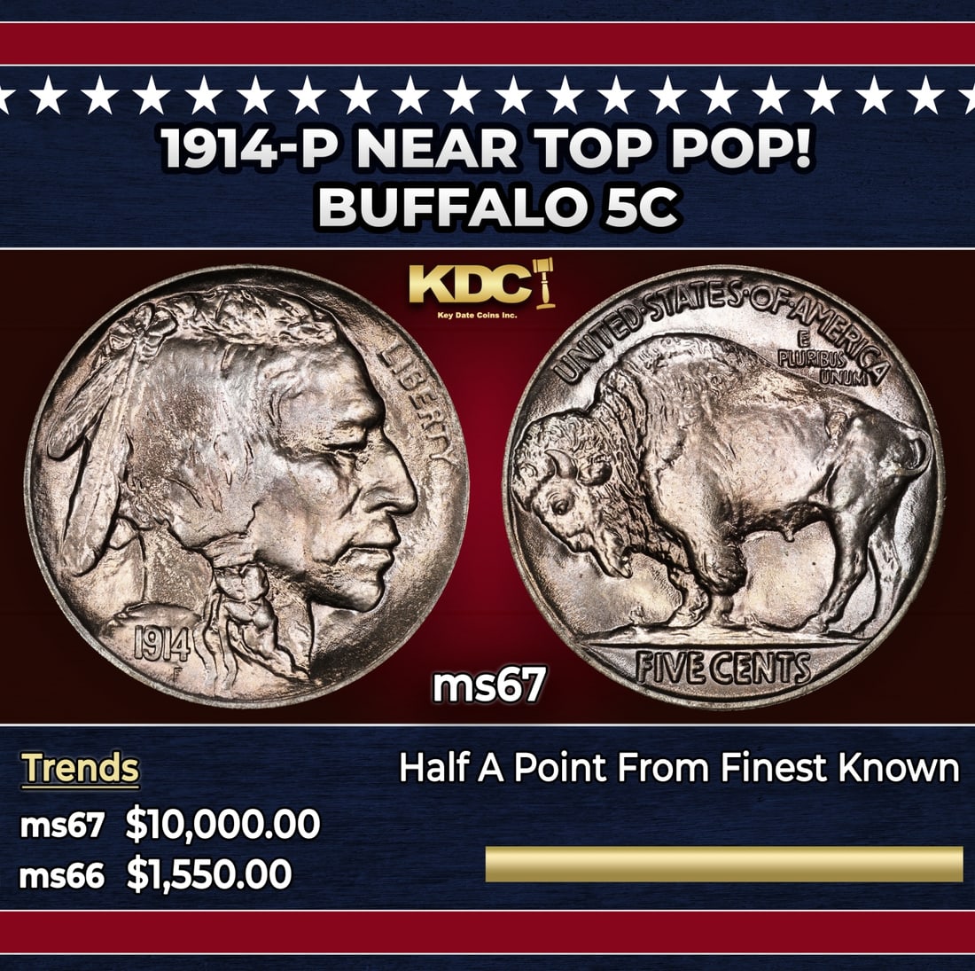 1914-p Buffalo Nickel Near Top Pop! 5c ms67 SEGS: 1914-p Near Top Pop! Buffalo Nickel 5c ms67 SEGS. Historic precious metal trends is causing increased spot pricing by the day. On auctions with set openings, we are doing our best to have items priced