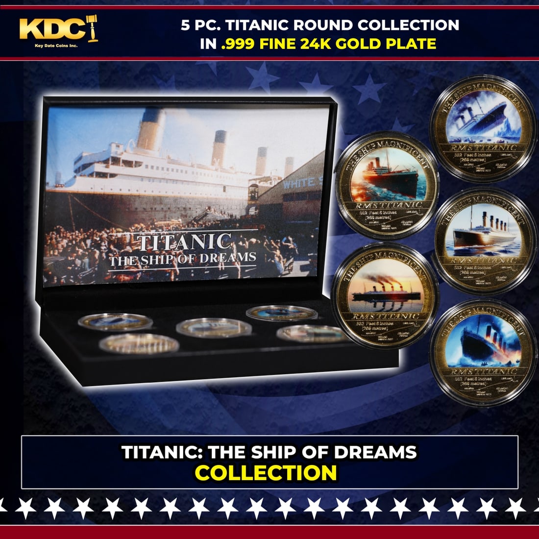 5 Coin Titanic Remembrance Gold Plated Round Collection: 5 Coin Titanic Remembrance Gold Plated Round Collection. Please Note All Backer Cards may have slight differences but will be very similar if not identical to the one in the photoHistoric precious met