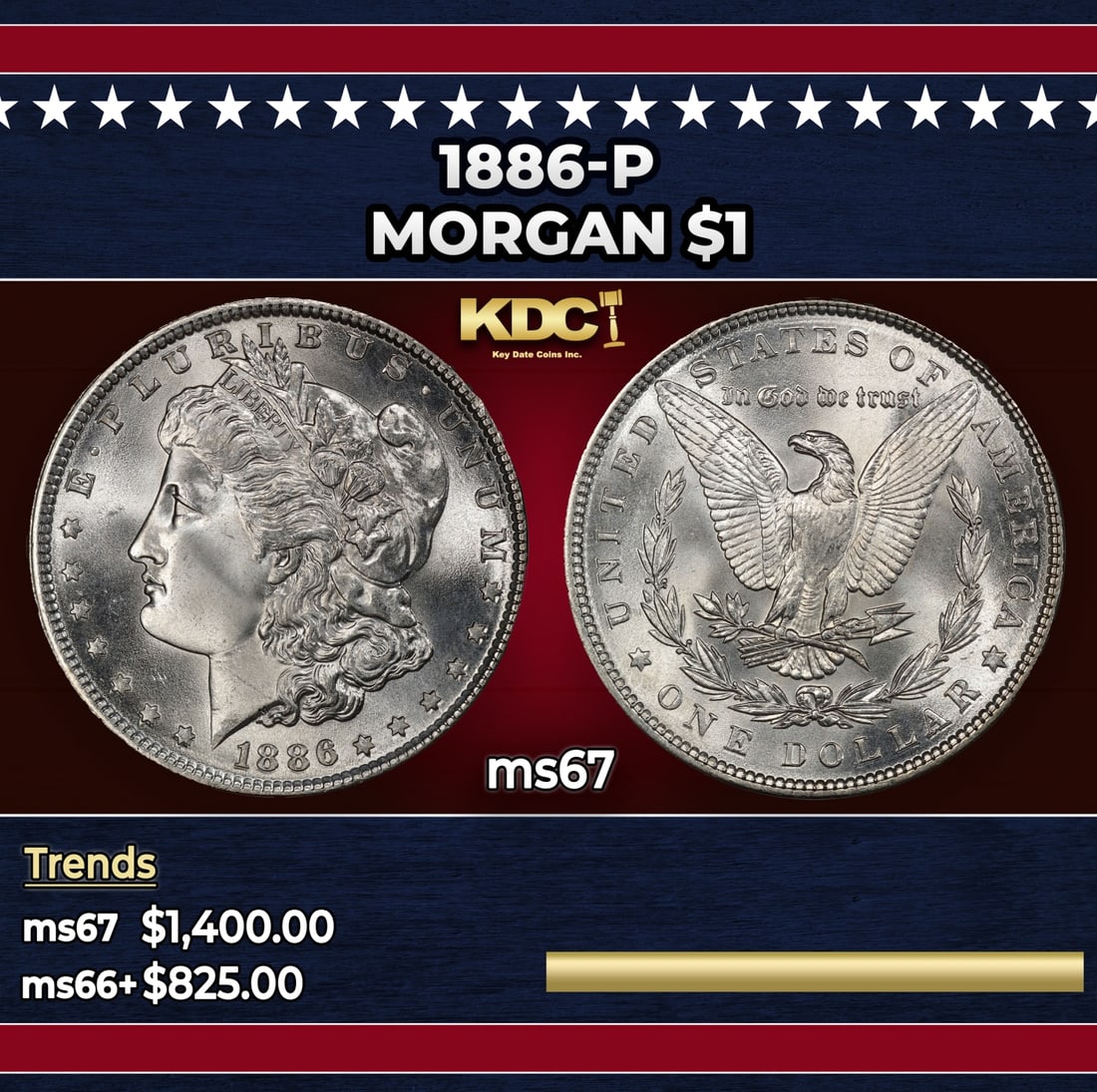 1886-p Morgan Dollar $1 ms67 SEGS: 1886-p Morgan Dollar $1 ms67 SEGS. Historic precious metal trends is causing increased spot pricing by the day. On auctions with set openings, we are doing our best to have items priced at their marke
