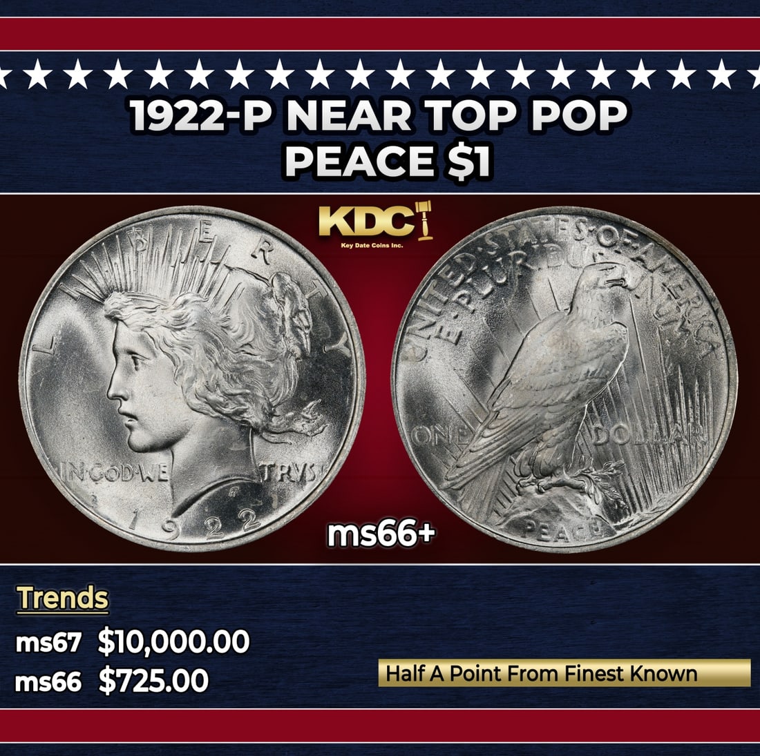 1922-p Peace Dollar Near Top Pop $1 ms66+ SEGS: 1922-p Near Top Pop Peace Dollar $1 ms66+ SEGS. Historic precious metal trends is causing increased spot pricing by the day. On auctions with set openings, we are doing our best to have items priced a