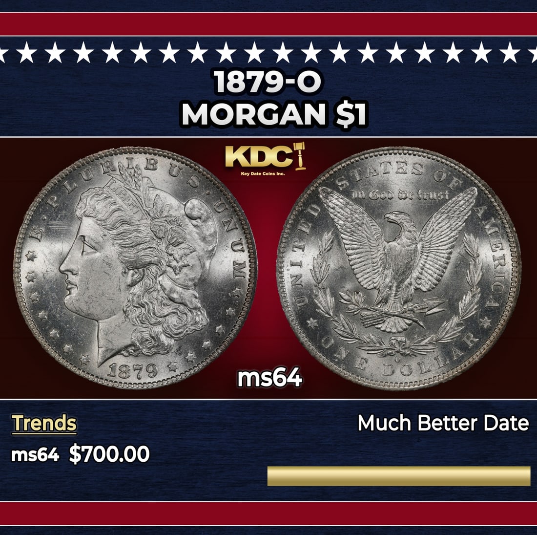 1879-o Morgan Dollar $1 Grades ms64: 1879-o Morgan Dollar $1 Grades ms64. Historic precious metal trends is causing increased spot pricing by the day. On auctions with set openings, we are doing our best to have items priced at their mar