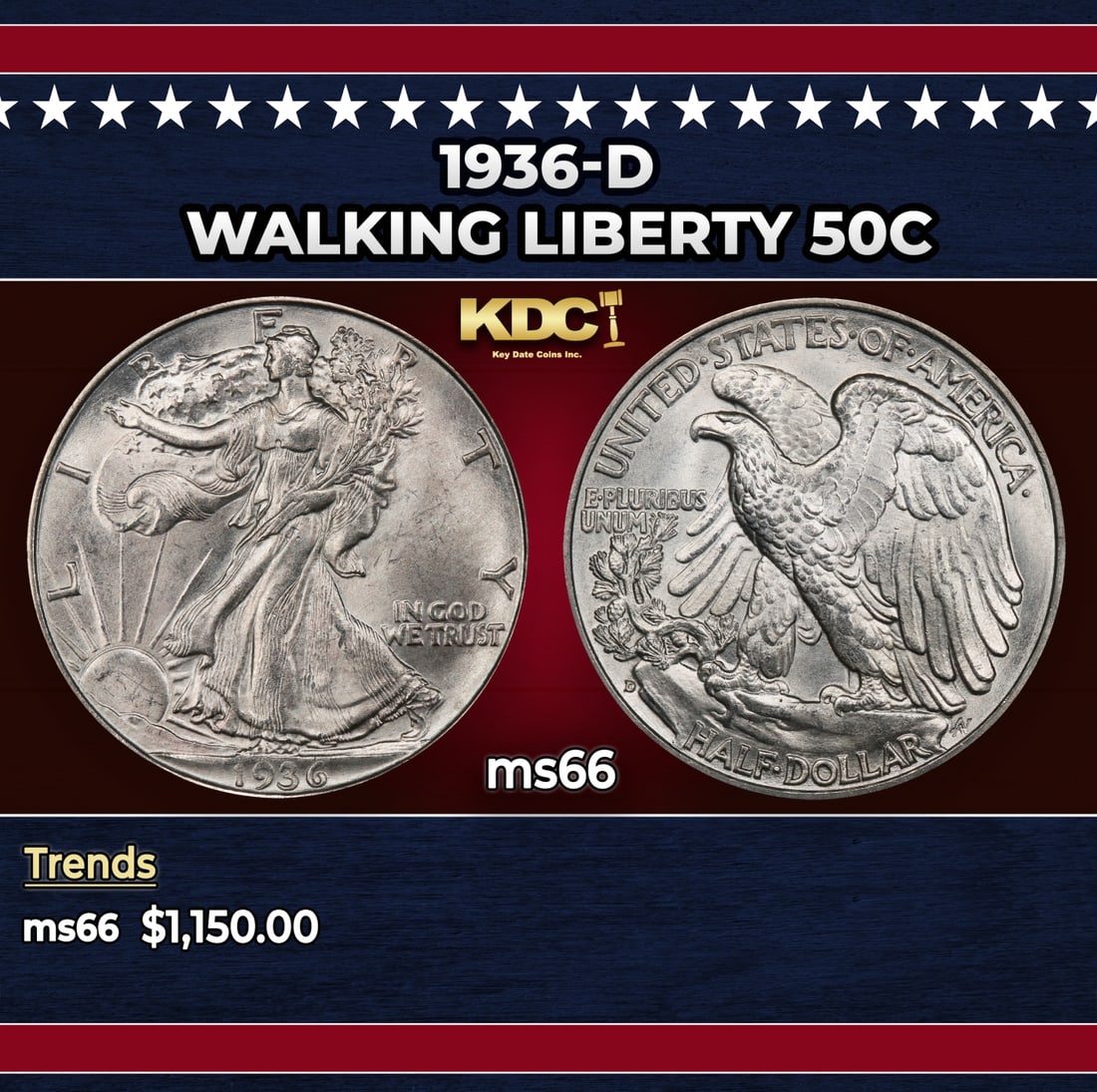 1936-d Walking Liberty Half Dollar 50c ms66 SEGS: 1936-d Walking Liberty Half Dollar 50c ms66 SEGS. Historic precious metal trends is causing increased spot pricing by the day. On auctions with set openings, we are doing our best to have items priced