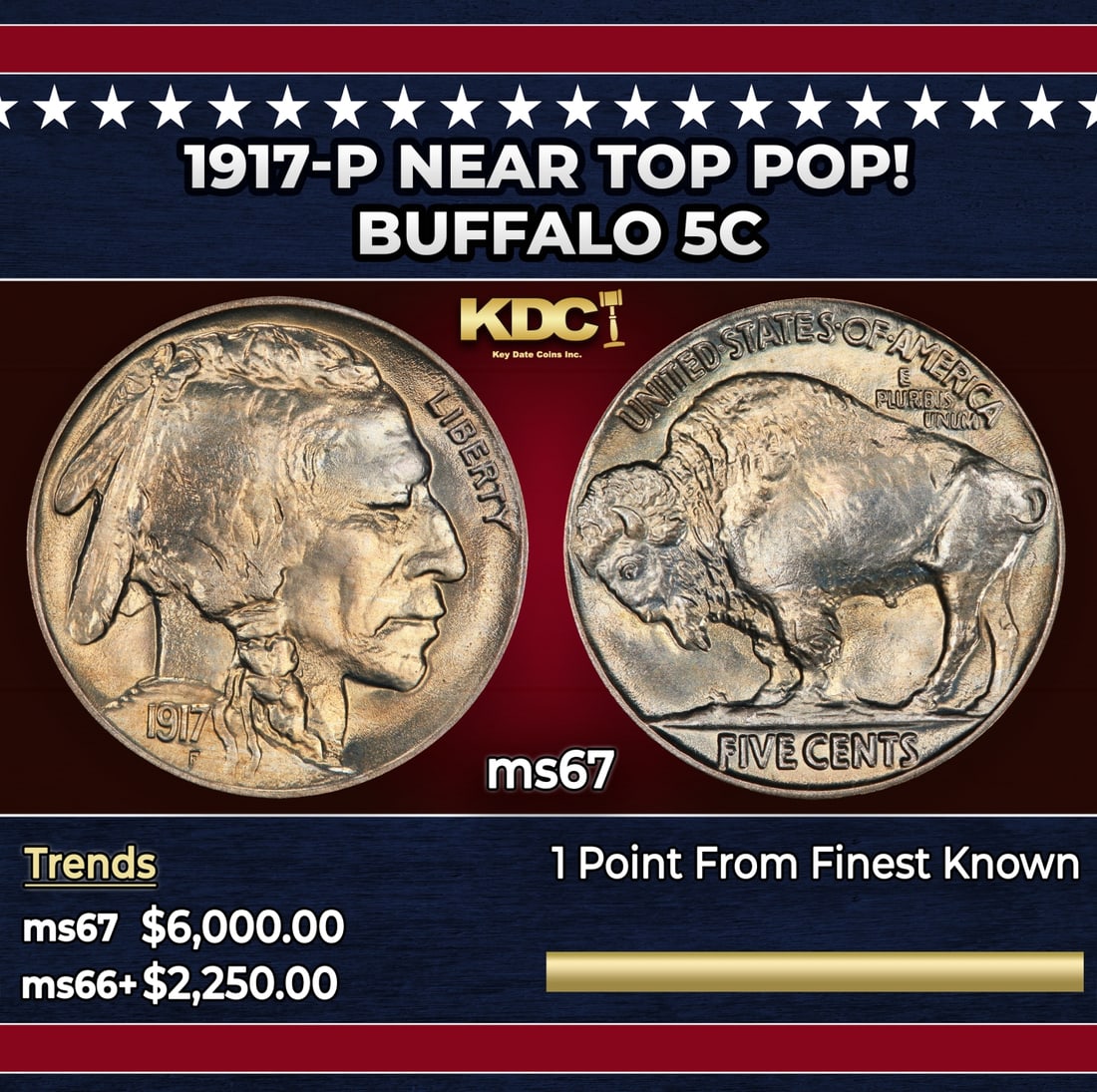 1917-p Buffalo Nickel Near Top Pop! 5c ms67 SEGS: 1917-p Near Top Pop! Buffalo Nickel 5c ms67 SEGS. Historic precious metal trends is causing increased spot pricing by the day. On auctions with set openings, we are doing our best to have items priced