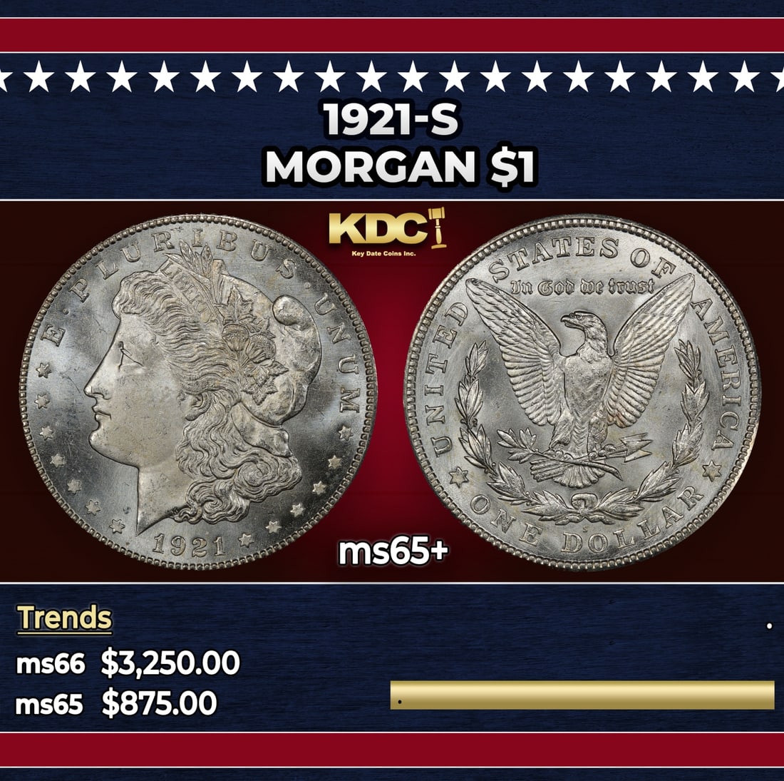 1921-s Morgan Dollar $1 ms65+ SEGS: 1921-s Morgan Dollar $1 ms65+ SEGS. Historic precious metal trends is causing increased spot pricing by the day. On auctions with set openings, we are doing our best to have items priced at their mark