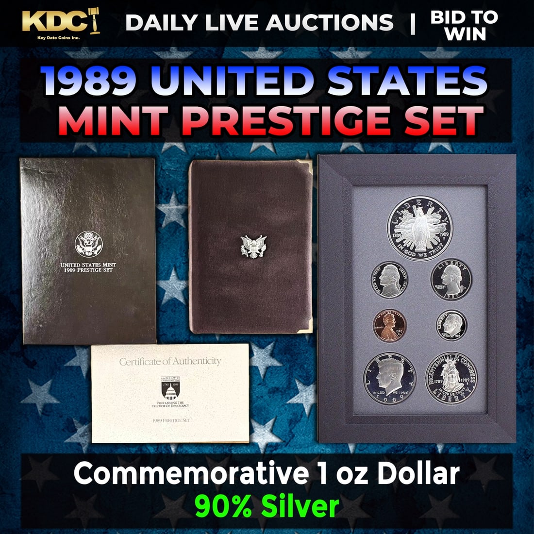 1989 United States Mint Prestige Proof Set 7 Coins W/ Box & COA: 1989 United States Mint Prestige Proof Set 7 Coins W/ Box & COA. Product DetailsThis wonderful seven-piece set includes all of the proof issue coins of 1989 as well as a commemorative Congress Bicente