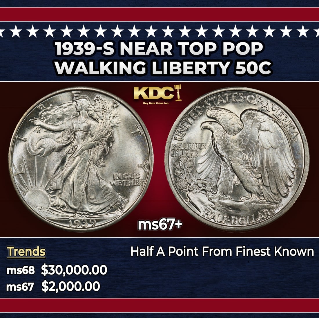 1939-s Walking Liberty Half Dollar Near Top Pop 50c ms67+ SEGS: 1939-s Near Top Pop Walking Liberty Half Dollar 50c ms67+ SEGS. Historic precious metal trends is causing increased spot pricing by the day. On auctions with set openings, we are doing our best to hav
