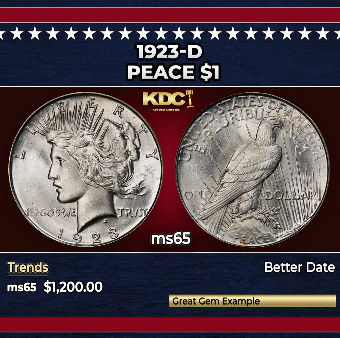 1923-d Peace Dollar $1 ms65 SEGS: 1923-d Peace Dollar $1 ms65 SEGS. Historic precious metal trends is causing increased spot pricing by the day. On auctions with set openings, we are doing our best to have items priced at their market