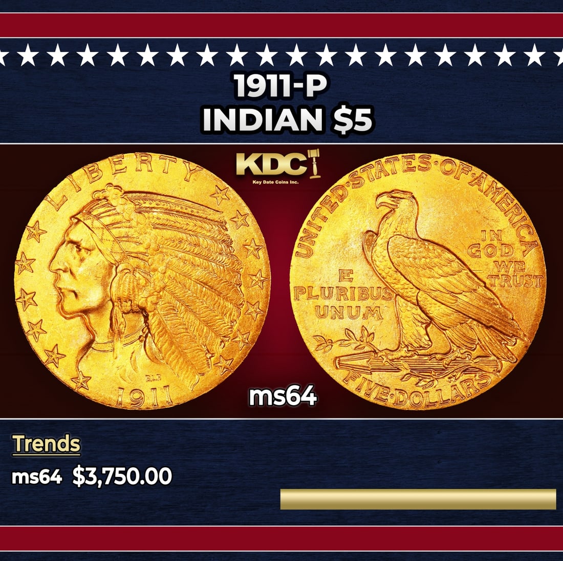 1911-p Gold Indian Half Eagle $5 ms64 USCG: 1911-p Gold Indian Half Eagle $5 ms64 USCG. Historic precious metal trends is causing increased spot pricing by the day. On auctions with set openings, we are doing our best to have items priced at th