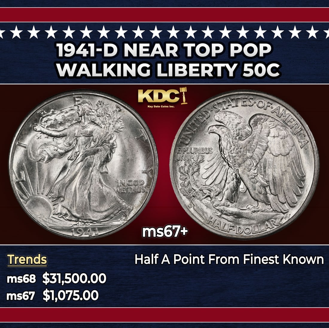 1941-d Walking Liberty Half Dollar Near Top Pop 50c ms67+ SEGS: 1941-d Near Top Pop Walking Liberty Half Dollar 50c ms67+ SEGS. Historic precious metal trends is causing increased spot pricing by the day. On auctions with set openings, we are doing our best to hav