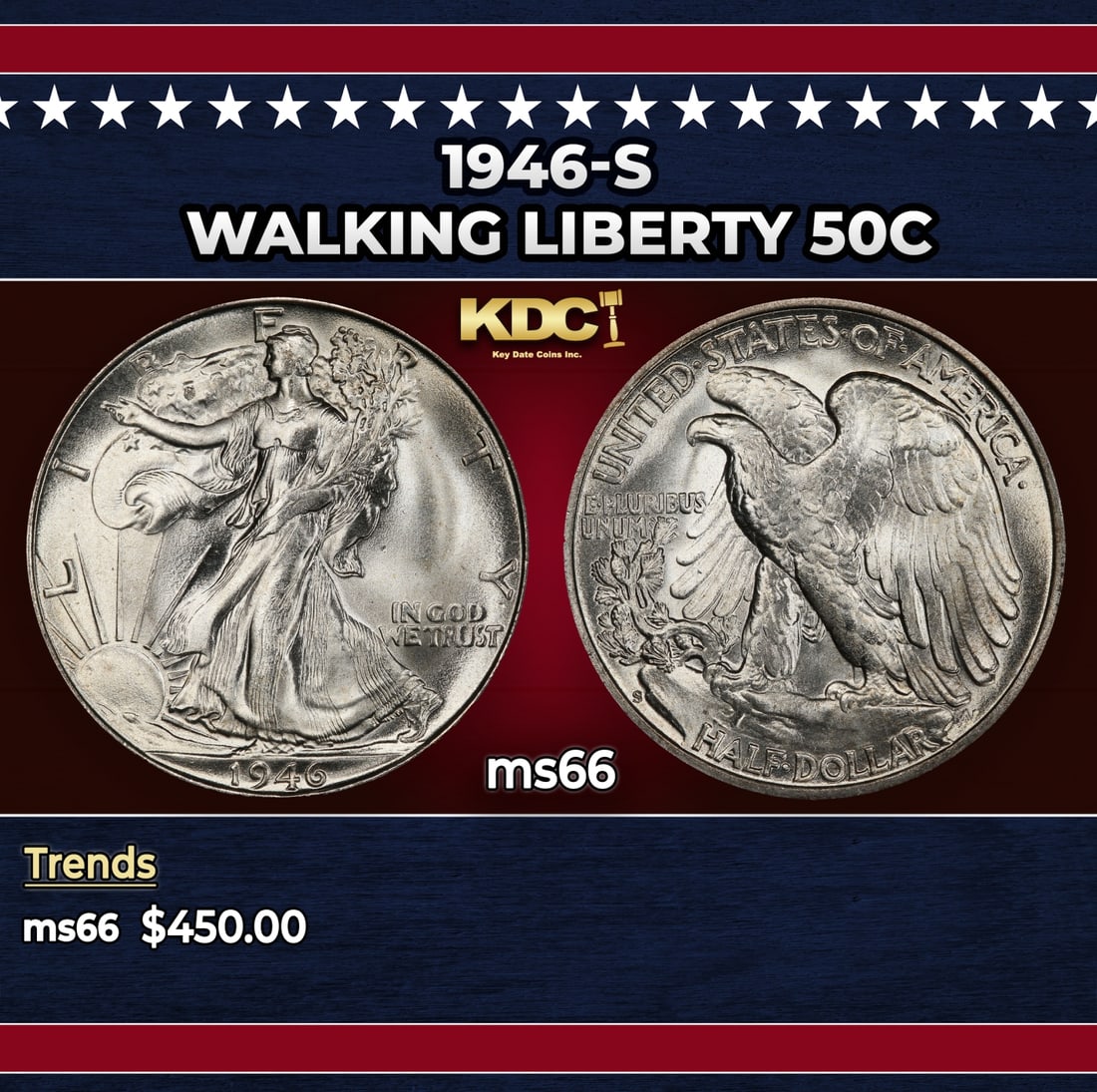 1946-s Walking Liberty Half Dollar 50c Grades ms66: 1946-s Walking Liberty Half Dollar 50c Grades ms66. Historic precious metal trends is causing increased spot pricing by the day. On auctions with set openings, we are doing our best to have items pric