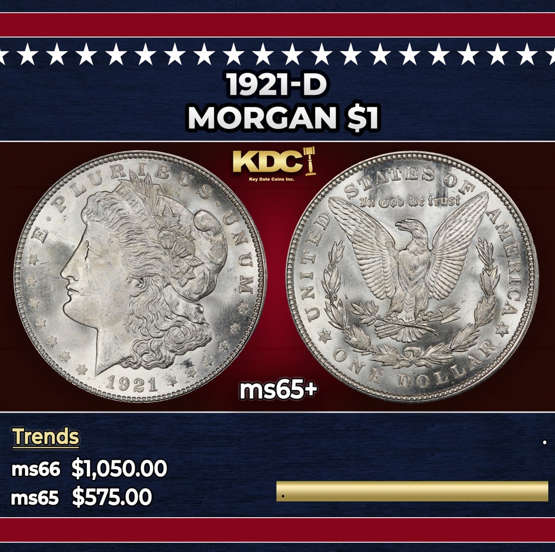 1921-d Morgan Dollar $1 Grades ms65+: 1921-d Morgan Dollar $1 Grades ms65+. Historic precious metal trends is causing increased spot pricing by the day. On auctions with set openings, we are doing our best to have items priced at their ma
