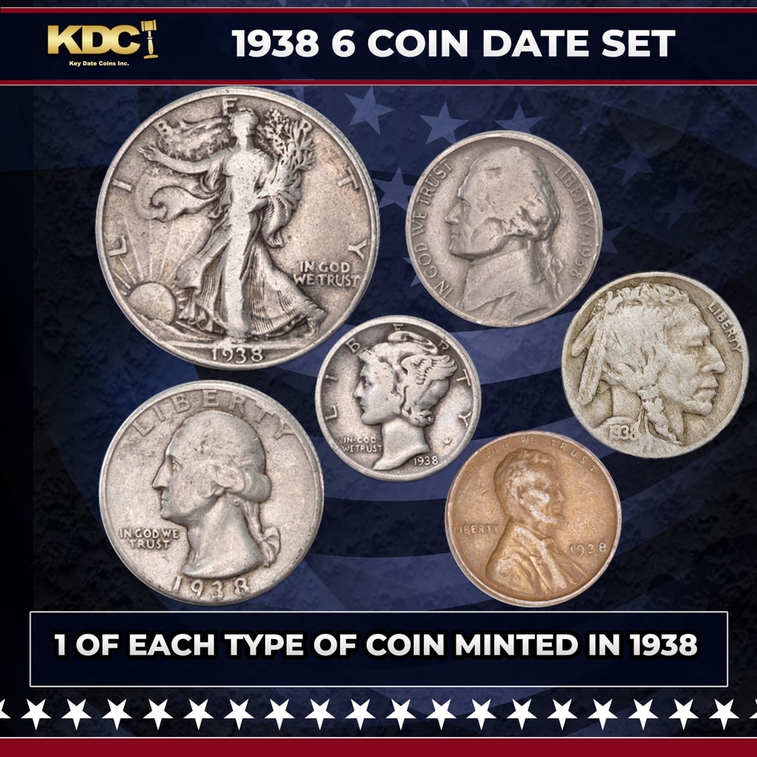 1938 6 Coin Date Set, 1 Of Each Type Of Coin Minted in 1938: 1938 6 Coin Date Set, 1 Of Each Type Of Coin Minted in 1938. If you're a fan of U.S. coins, you'll love this popular Year Set from 1947. It includes some of America's most sought-after coins. Included