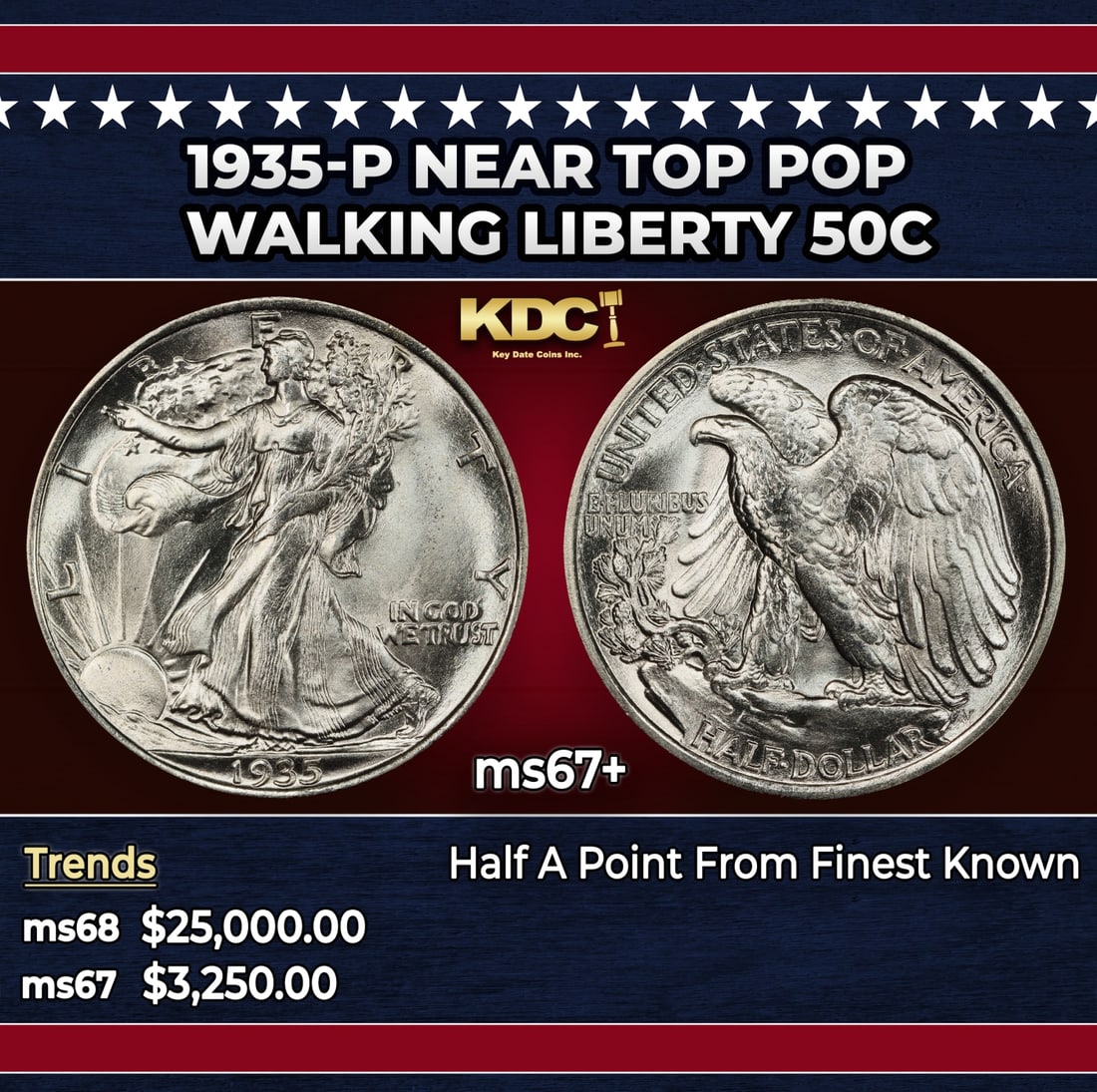 1935-p Walking Liberty Half Dollar Near Top Pop 50c ms67+ SEGS: 1935-p Near Top Pop Walking Liberty Half Dollar 50c ms67+ SEGS. Historic precious metal trends is causing increased spot pricing by the day. On auctions with set openings, we are doing our best to hav