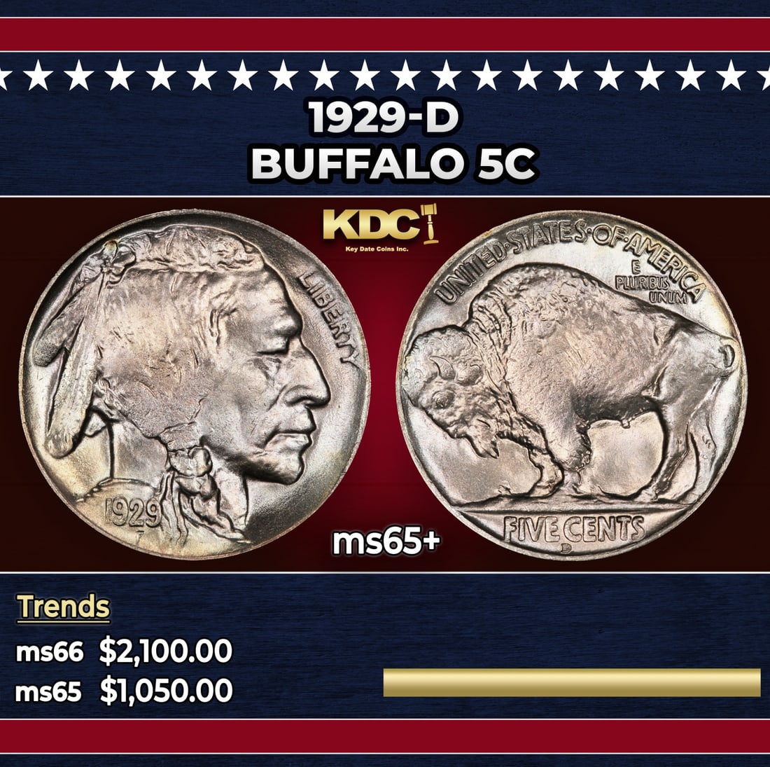 1929-d Buffalo Nickel 5c ms65+ SEGS: 1929-d Buffalo Nickel 5c ms65+ SEGS. Historic precious metal trends is causing increased spot pricing by the day. On auctions with set openings, we are doing our best to have items priced at their mar