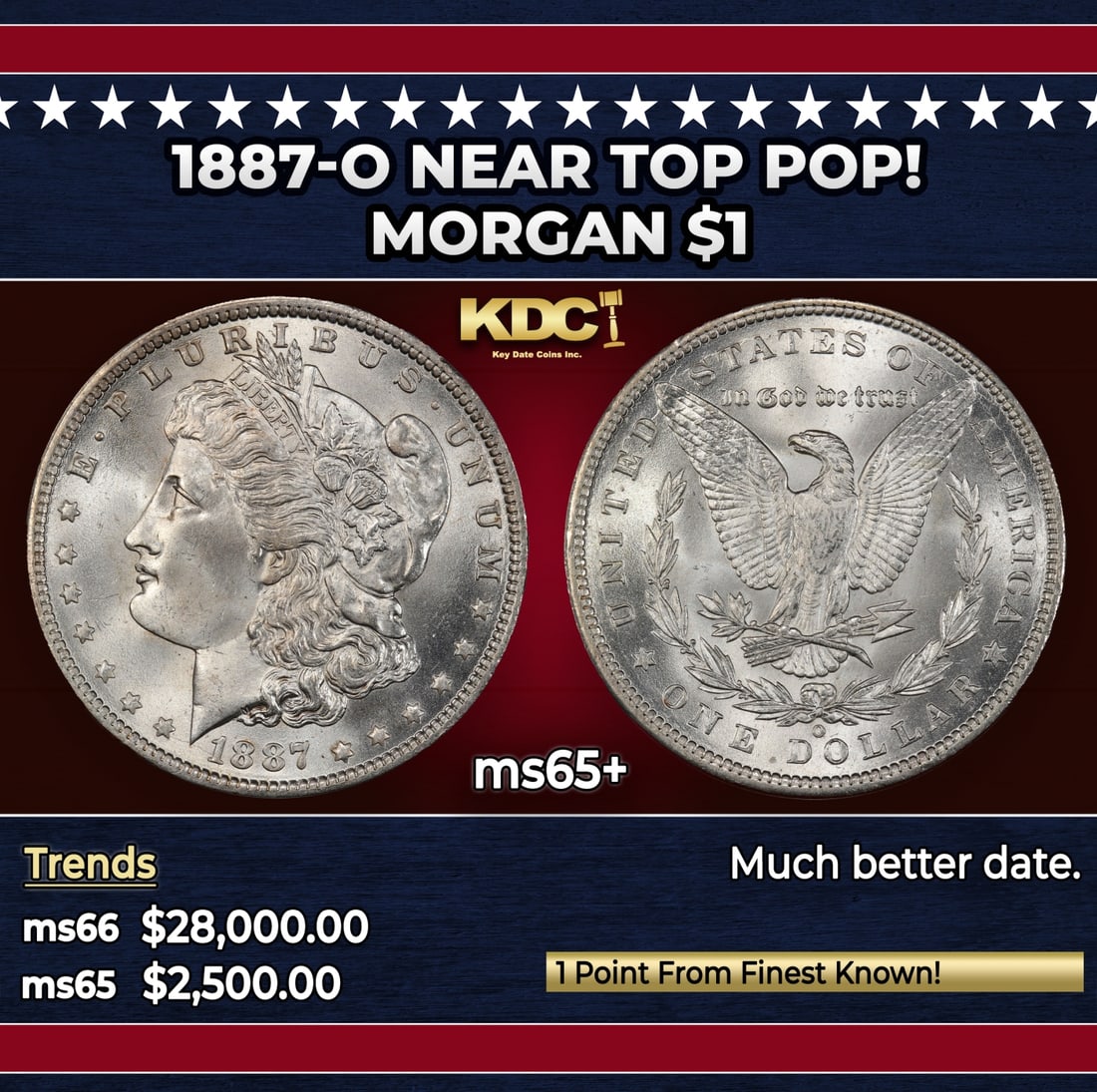 1887-o Morgan Dollar Near Top Pop! $1 ms65+ SEGS: 1887-o Near Top Pop! Morgan Dollar $1 ms65+ SEGS. Historic precious metal trends is causing increased spot pricing by the day. On auctions with set openings, we are doing our best to have items priced