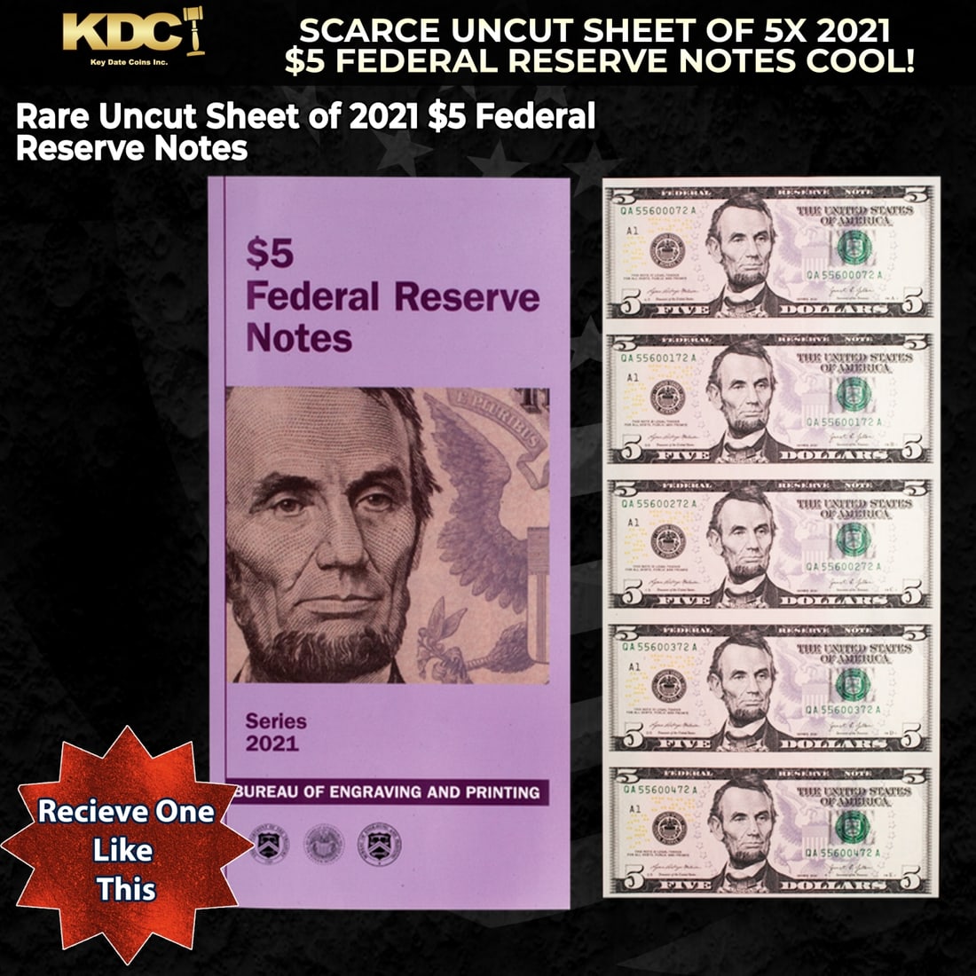 Scarce Uncut Sheet of 5x 2021 $5 Federal Reserve Notes Bureau of Engraving and Printing COOL!: Scarce Uncut Sheet of 5x 2021 $5 Federal Reserve Notes Bureau of Engraving and Printing COOL!. It's the return of a collector favorite! Highlight your collection with this Series 2021 Uncut Sheet of 5