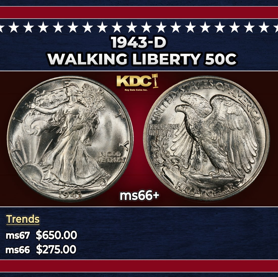 1943-d Walking Liberty Half Dollar 50c ms66+ SEGS: 1943-d Walking Liberty Half Dollar 50c ms66+ SEGS. Historic precious metal trends is causing increased spot pricing by the day. On auctions with set openings, we are doing our best to have items price