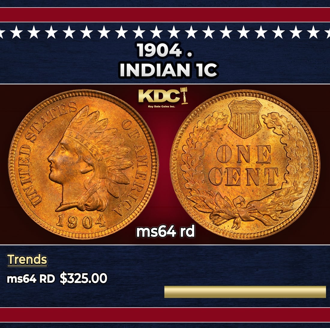 1904 Indian Cent . 1c Grades ms64 rd: 1904 . Indian Cent 1c Grades ms64 rd. Historic precious metal trends is causing increased spot pricing by the day. On auctions with set openings, we are doing our best to have items priced at their ma