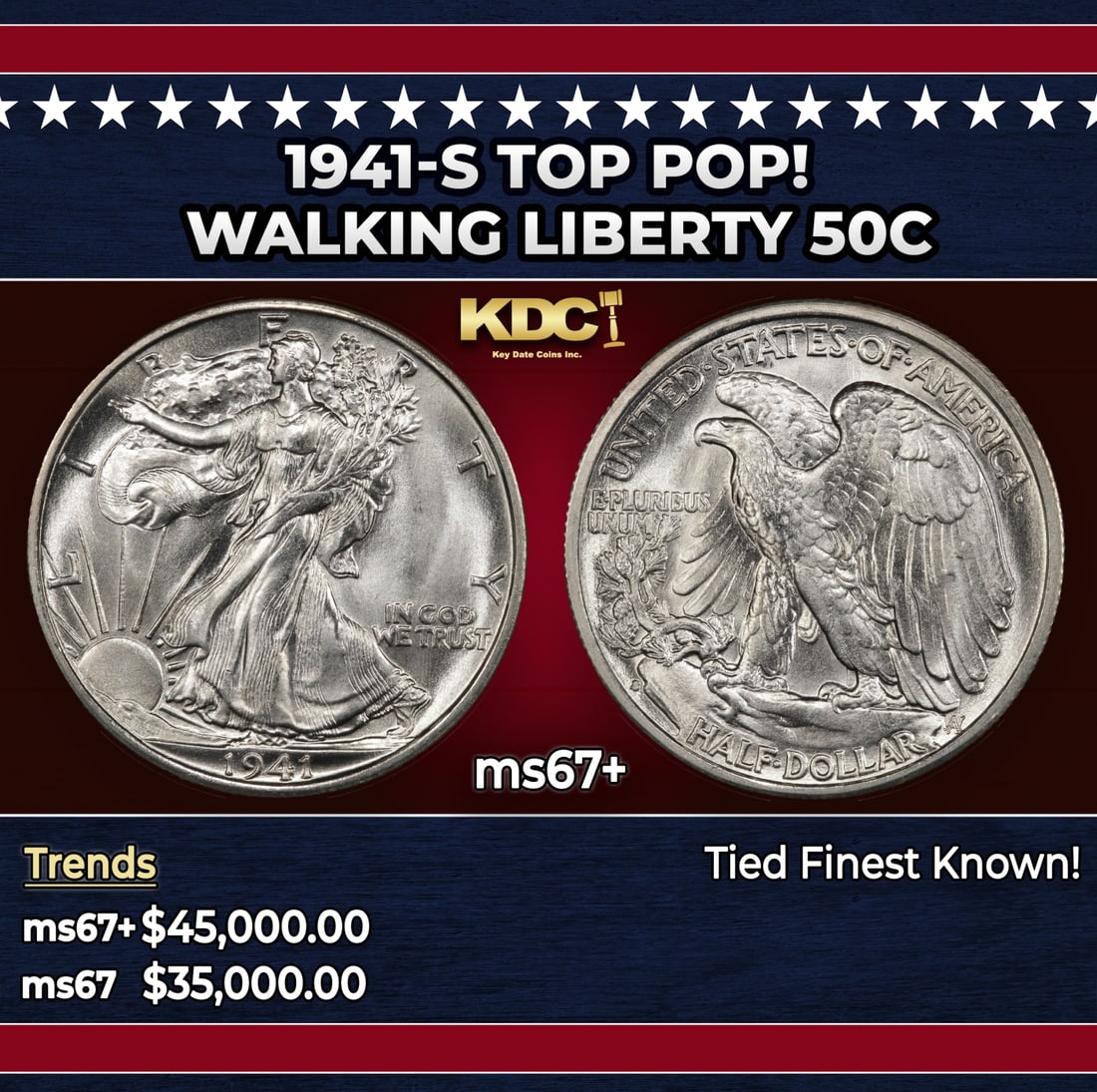 1941-s Walking Liberty Half Dollar TOP POP! 50c ms67+ SEGS: 1941-s TOP POP! Walking Liberty Half Dollar 50c ms67+ SEGS. Historic precious metal trends is causing increased spot pricing by the day. On auctions with set openings, we are doing our best to have it