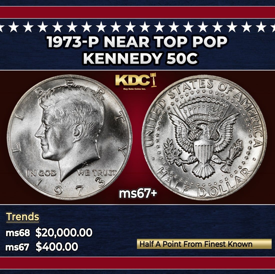 1973-p Kennedy Half Dollar Near Top Pop 50c ms67+ SEGS: 1973-p Near Top Pop Kennedy Half Dollar 50c ms67+ SEGS. Historic precious metal trends is causing increased spot pricing by the day. On auctions with set openings, we are doing our best to have items