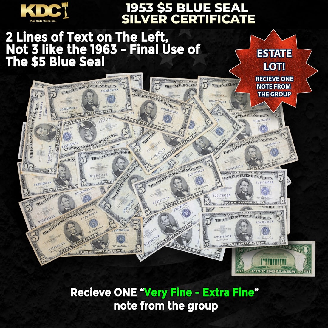 1x 1953 $5 Blue Seal Silver Certificate Grades VF/XF: 1x 1953 $5 Blue Seal Silver Certificate Grades VF/XF. Historic precious metal trends is causing increased spot pricing by the day. On auctions with set openings, we are doing our best to have items pr