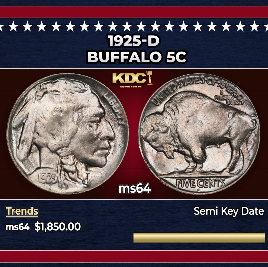 1925-d Buffalo Nickel 5c ms64 SEGS: 1925-d Buffalo Nickel 5c ms64 SEGS. Historic precious metal trends is causing increased spot pricing by the day. On auctions with set openings, we are doing our best to have items priced at their mark