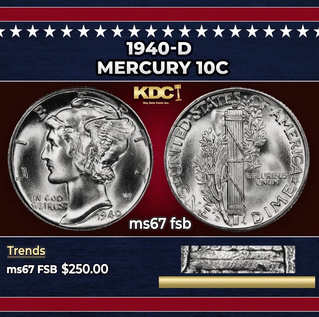 1940-d Mercury Dime 10c ms67 fsb SEGS: 1940-d Mercury Dime 10c ms67 fsb SEGS. Historic precious metal trends is causing increased spot pricing by the day. On auctions with set openings, we are doing our best to have items priced at their m