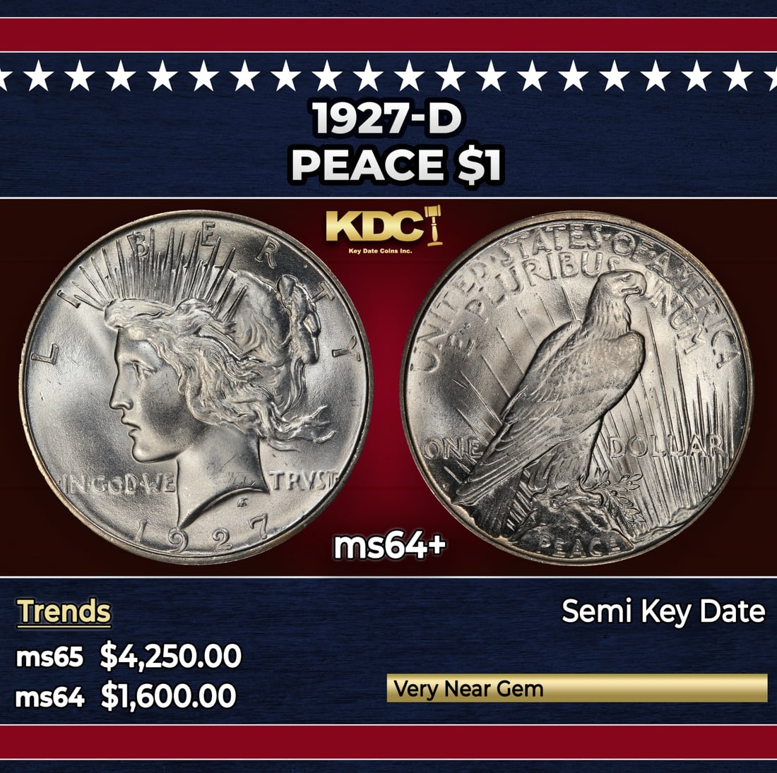 1927-d Peace Dollar $1 ms64+ SEGS: 1927-d Peace Dollar $1 ms64+ SEGS. Historic precious metal trends is causing increased spot pricing by the day. On auctions with set openings, we are doing our best to have items priced at their marke