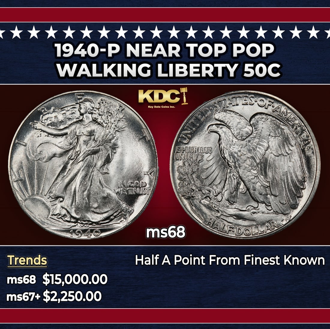 1940-p Walking Liberty Half Dollar Near Top Pop 50c ms68 SEGS: 1940-p Near Top Pop Walking Liberty Half Dollar 50c ms68 SEGS. Historic precious metal trends is causing increased spot pricing by the day. On auctions with set openings, we are doing our best to have