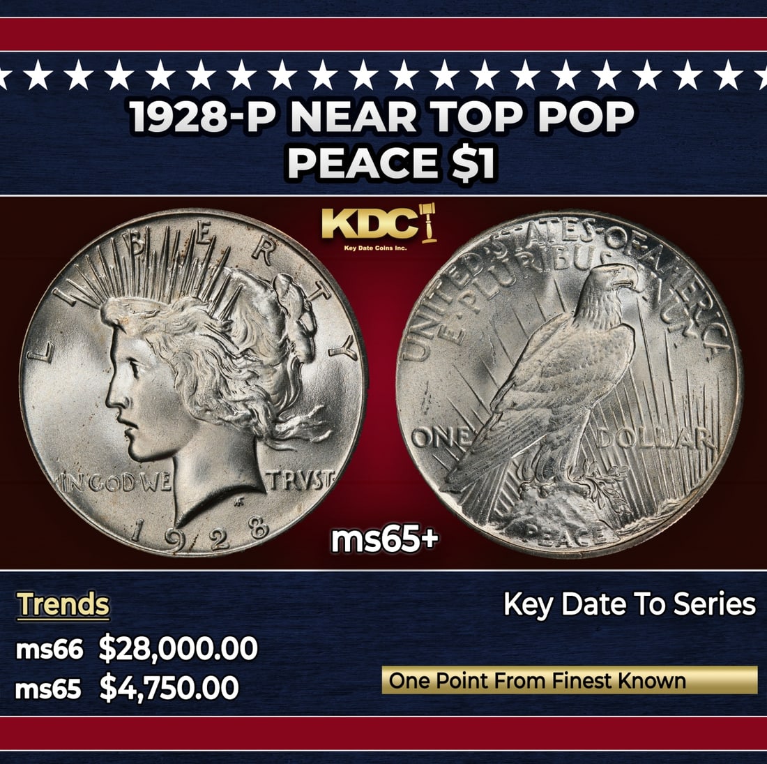 1928-p Peace Dollar Near Top Pop $1 ms65+ SEGS: 1928-p Near Top Pop Peace Dollar $1 ms65+ SEGS. Incredibly scarce date, lowest mintage in the entire Peace Dollar Series. Scarce in all grades. Historic precious metal trends is causing increased spot