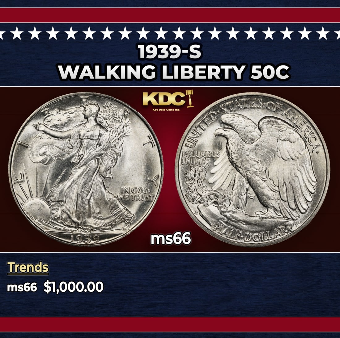 1939-s Walking Liberty Half Dollar 50c ms66 SEGS: 1939-s Walking Liberty Half Dollar 50c ms66 SEGS. Historic precious metal trends is causing increased spot pricing by the day. On auctions with set openings, we are doing our best to have items priced
