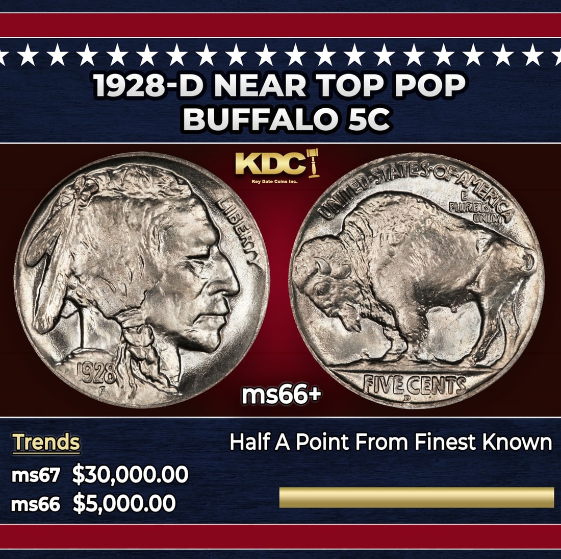 1928-d Buffalo Nickel Near Top Pop 5c ms66+ SEGS: 1928-d Near Top Pop Buffalo Nickel 5c ms66+ SEGS. Historic precious metal trends is causing increased spot pricing by the day. On auctions with set openings, we are doing our best to have items priced