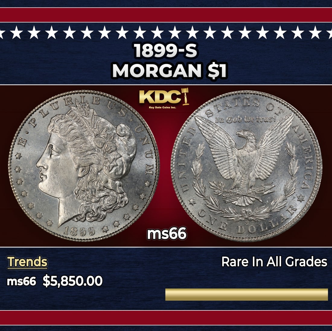 1899-s Morgan Dollar $1 ms66 SEGS: 1899-s Morgan Dollar $1 ms66 SEGS. Historic precious metal trends is causing increased spot pricing by the day. On auctions with set openings, we are doing our best to have items priced at their marke