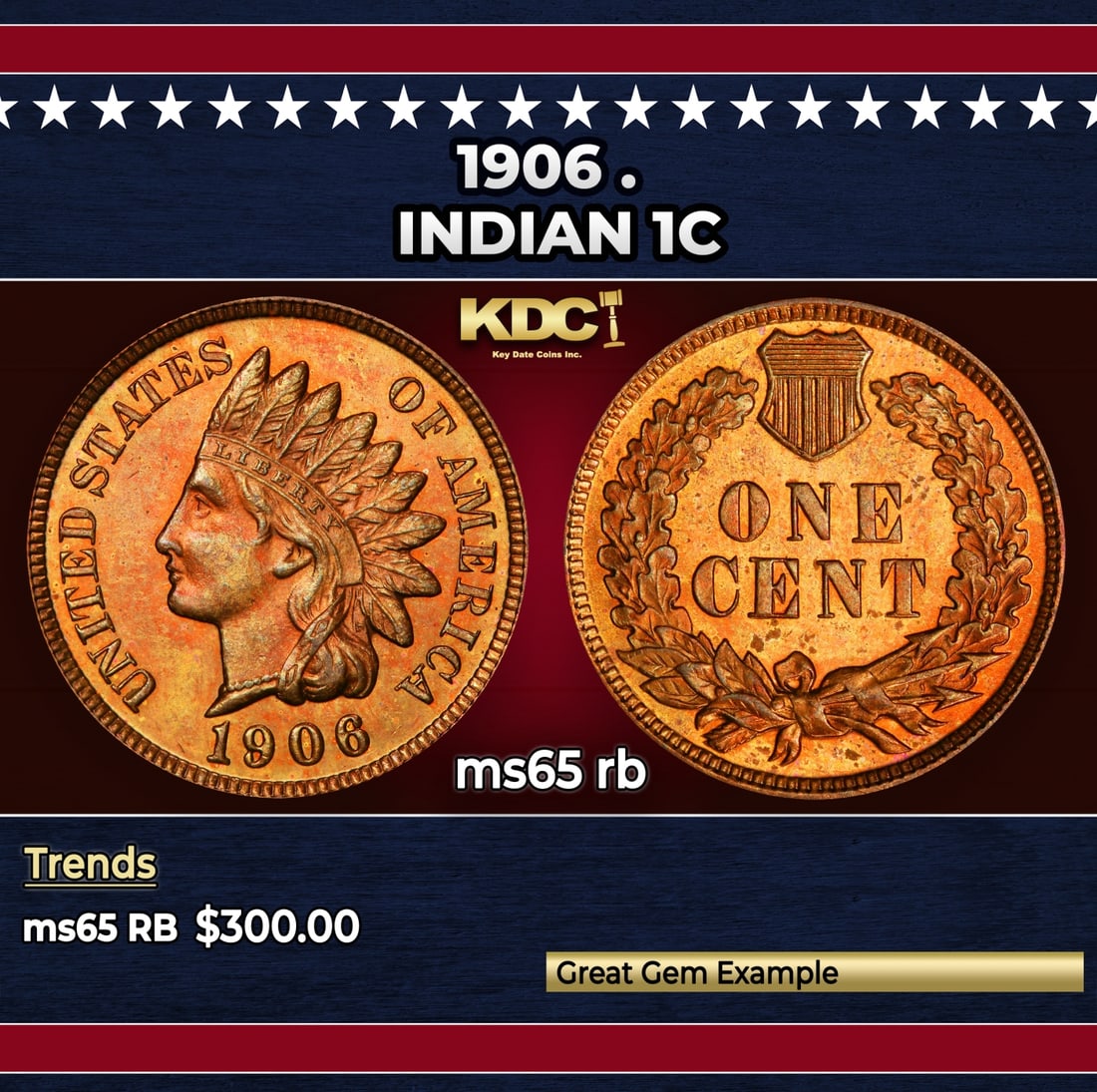 1906 Indian Cent . 1c Grades ms65 rb: 1906 . Indian Cent 1c Grades ms65 rb. Historic precious metal trends is causing increased spot pricing by the day. On auctions with set openings, we are doing our best to have items priced at their ma