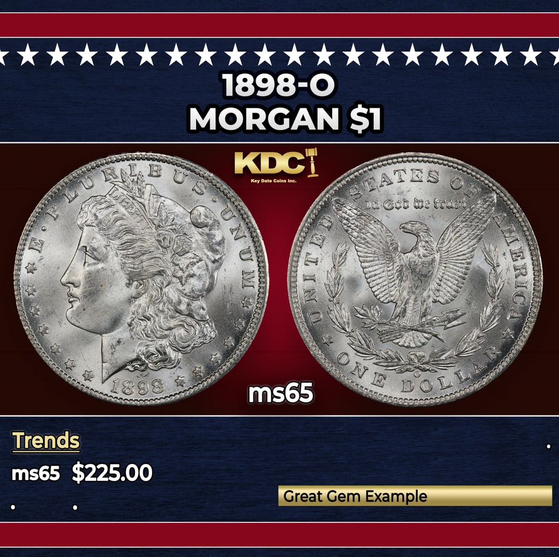 1898-o Morgan Dollar $1 Grades ms65: 1898-o Morgan Dollar $1 Grades ms65. Historic precious metal trends is causing increased spot pricing by the day. On auctions with set openings, we are doing our best to have items priced at their mar