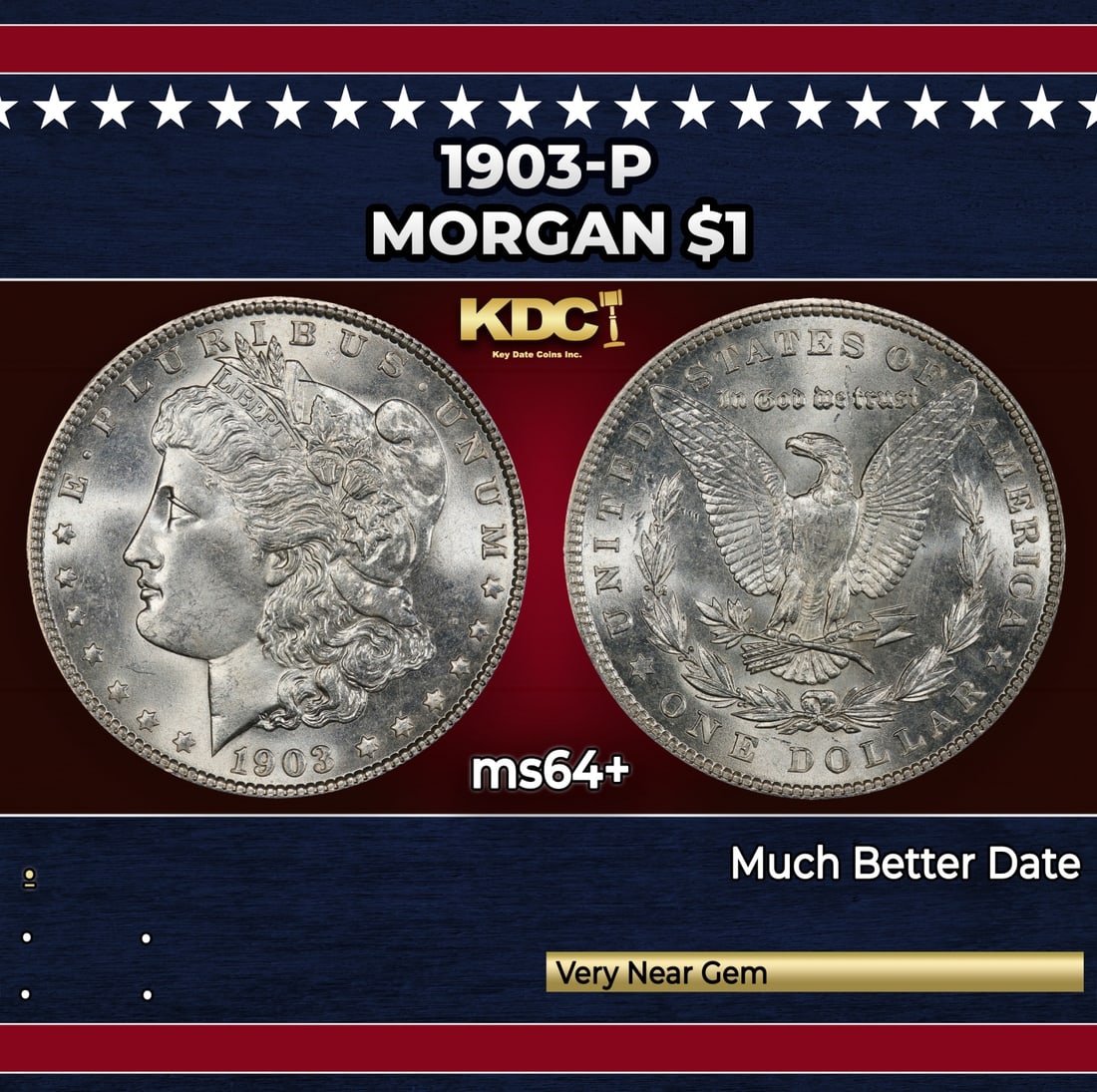 1903-p Morgan Dollar $1 Grades ms64+: 1903-p Morgan Dollar $1 Grades ms64+. Historic precious metal trends is causing increased spot pricing by the day. On auctions with set openings, we are doing our best to have items priced at their ma