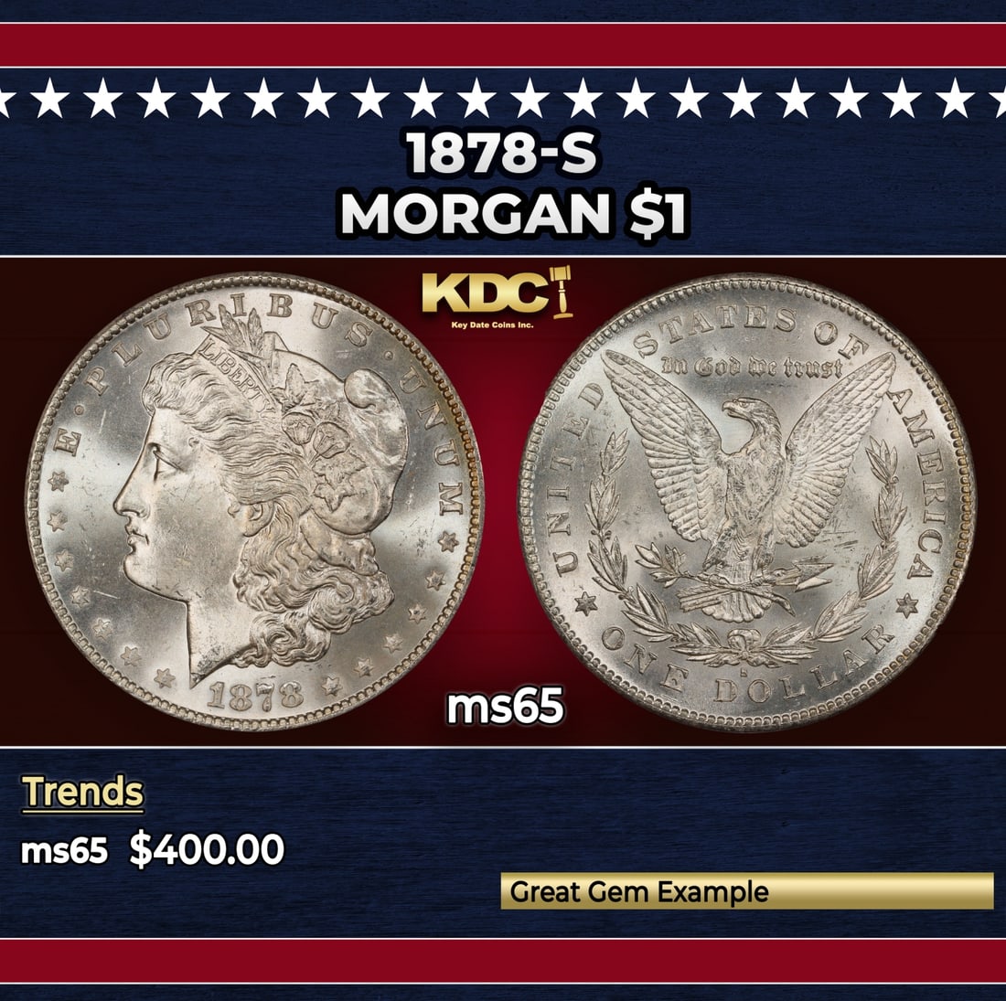1878-s Morgan Dollar $1 Grades ms65: 1878-s Morgan Dollar $1 Grades ms65. Slightly better date. First year of issue. Historic precious metal trends is causing increased spot pricing by the day. On auctions with set openings, we are doing