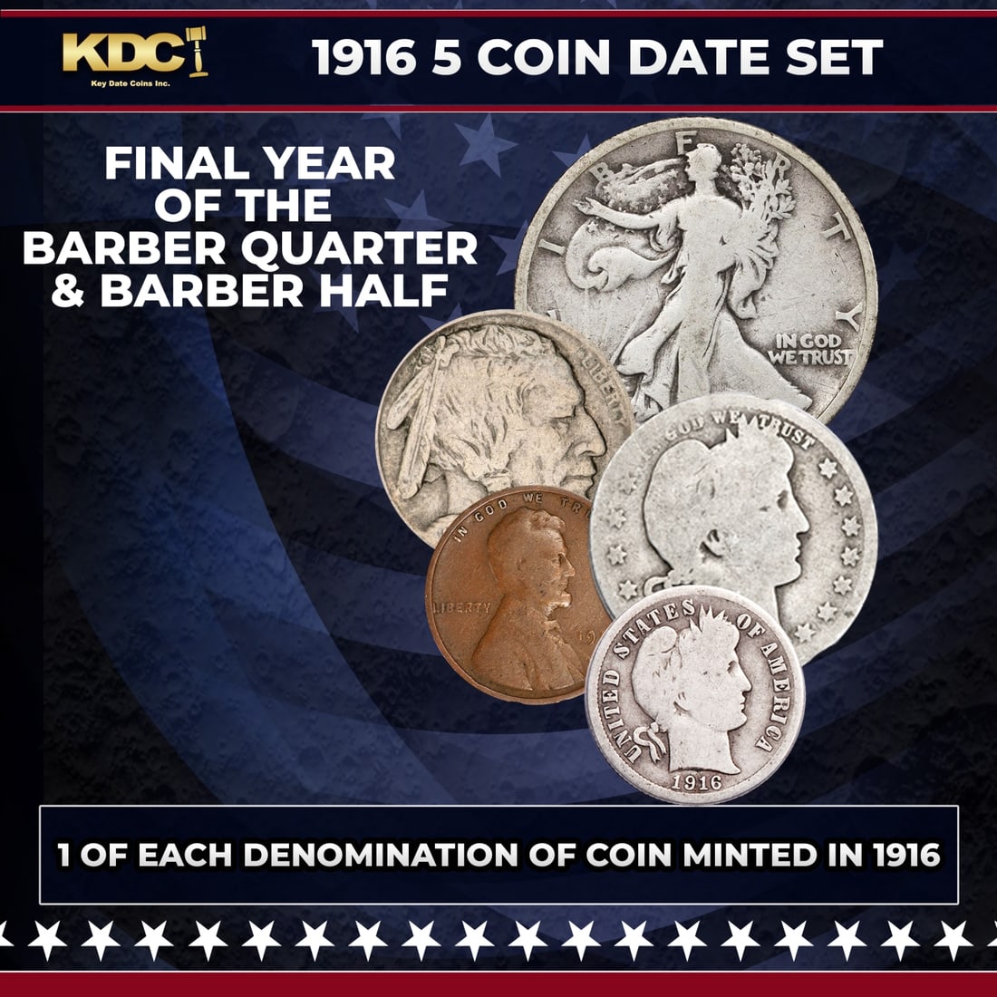 1916 5 Coin Date Set, 1 Of Each Type Of Coin Minted in 1916: 1916 5 Coin Date Set, 1 Of Each Type Of Coin Minted in 1916. Please Note All Backer Cards may have slight differences but will be very similar if not identical to the one in the photoHistoric precious