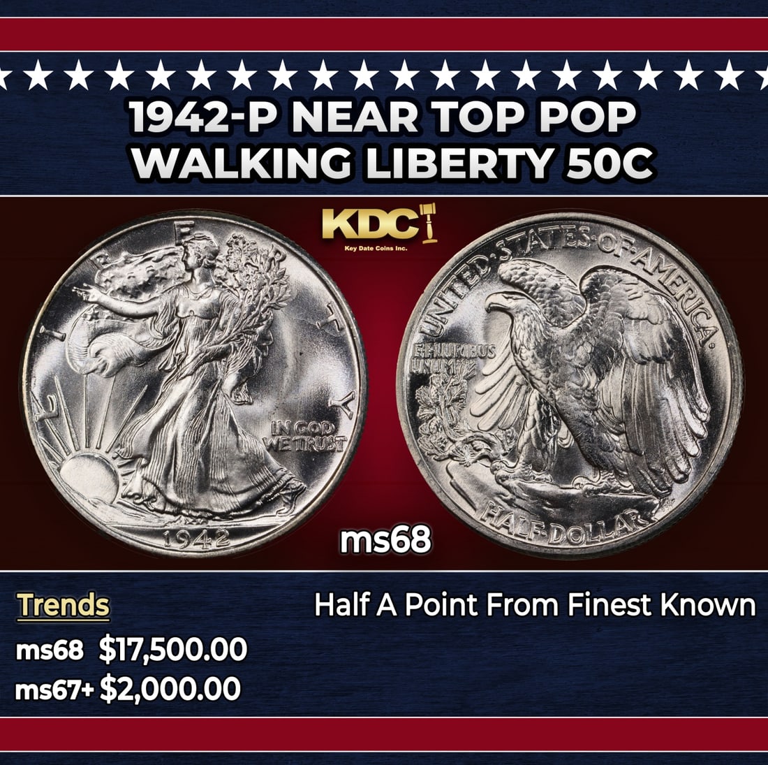 1942-p Walking Liberty Half Dollar Near Top Pop 50c ms68 SEGS: 1942-p Near Top Pop Walking Liberty Half Dollar 50c ms68 SEGS. Historic precious metal trends is causing increased spot pricing by the day. On auctions with set openings, we are doing our best to have