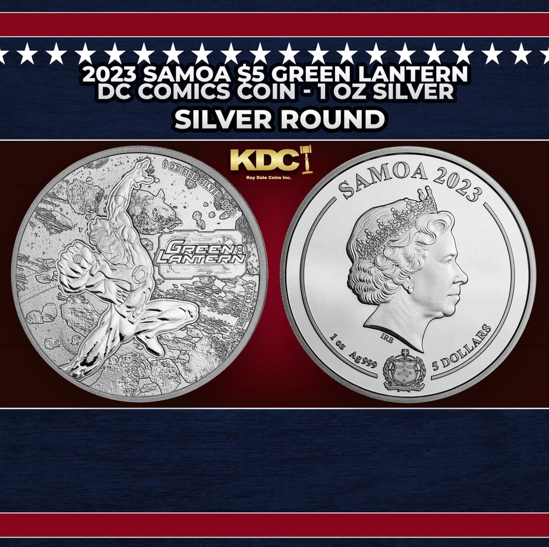 2023 Samoa $5 Green Lantern DC Comics Coin - 1 oz Silver Round Round: 2023 Samoa $5 Green Lantern DC Comics Coin - 1 oz Silver Round. This legal tender silver bullion coin depicts one of DC's iconic and enduring heroes, the Green Lantern! Obverse features the Green Lant