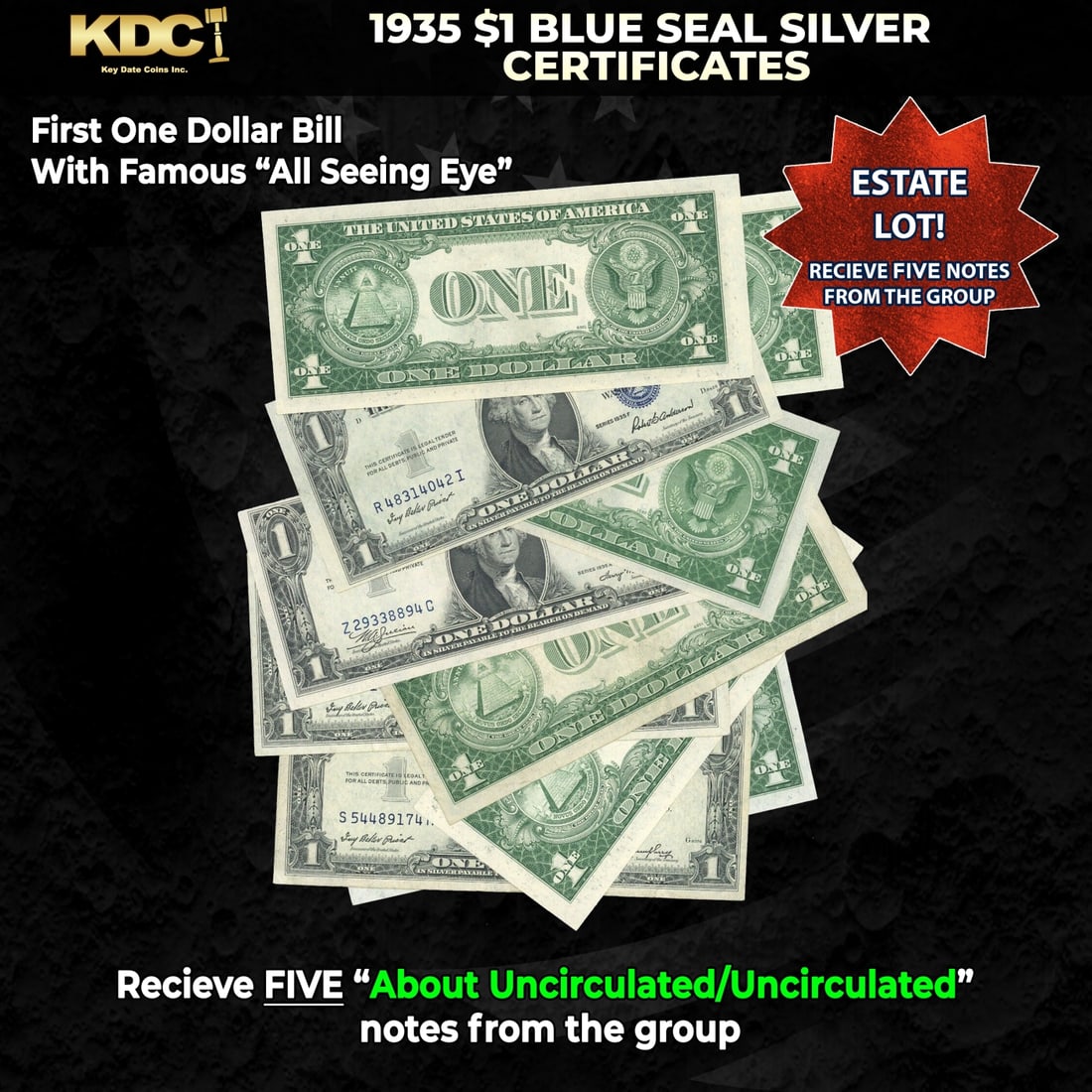 5x 1935 $1 Blue Seal Silver Certificates Grades AU/CU: 5x 1935 $1 Blue Seal Silver Certificates Grades AU/CU. Silver Certificates were redeemable in Silver. One of their most distinctive qualities is the blue Treasury seal and serial numbers. These notes