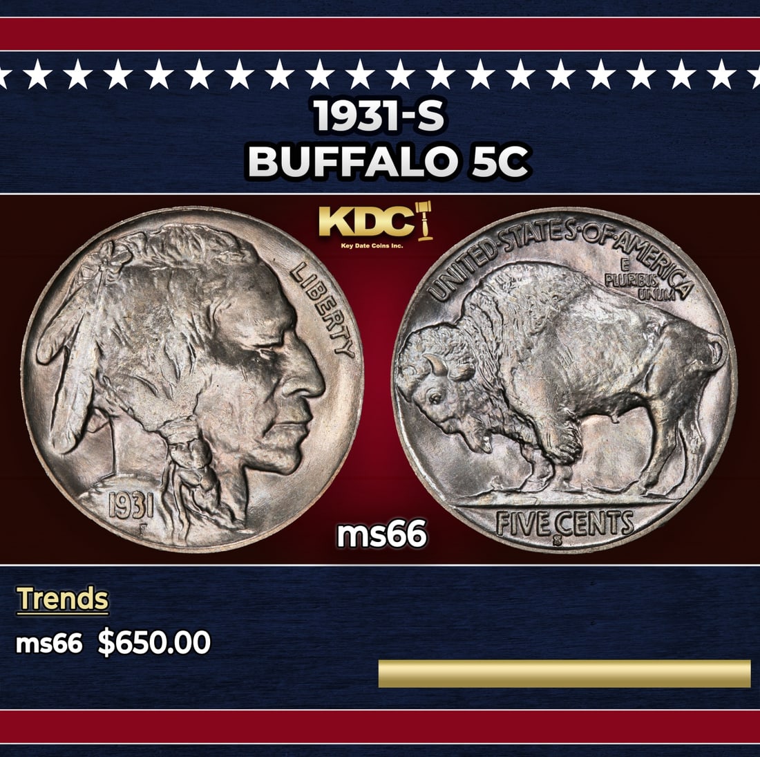 1931-s Buffalo Nickel 5c Grades ms66: 1931-s Buffalo Nickel 5c Grades ms66. Historic precious metal trends is causing increased spot pricing by the day. On auctions with set openings, we are doing our best to have items priced at their ma