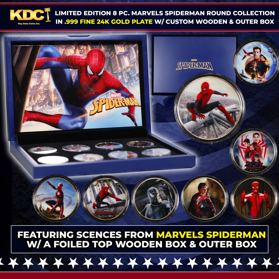 Limited Edition 8 Coin Spiderman Gold Plated Collection In Custom WOODEN Box W/ Special Backer card: Limited Edition 8 Coin Spiderman Gold Plated Collection In Custom WOODEN Box W/ Special Backer card. Please Note All Backer Cards may have slight differences but will be very similar if not identical