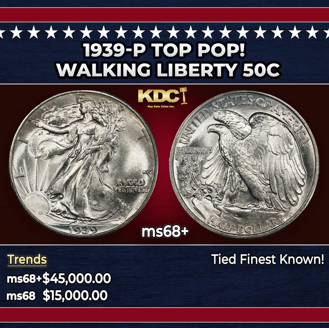 1939-p Walking Liberty Half Dollar TOP POP! 50c ms68+ SEGS: 1939-p TOP POP! Walking Liberty Half Dollar 50c ms68+ SEGS. Historic precious metal trends is causing increased spot pricing by the day. On auctions with set openings, we are doing our best to have it