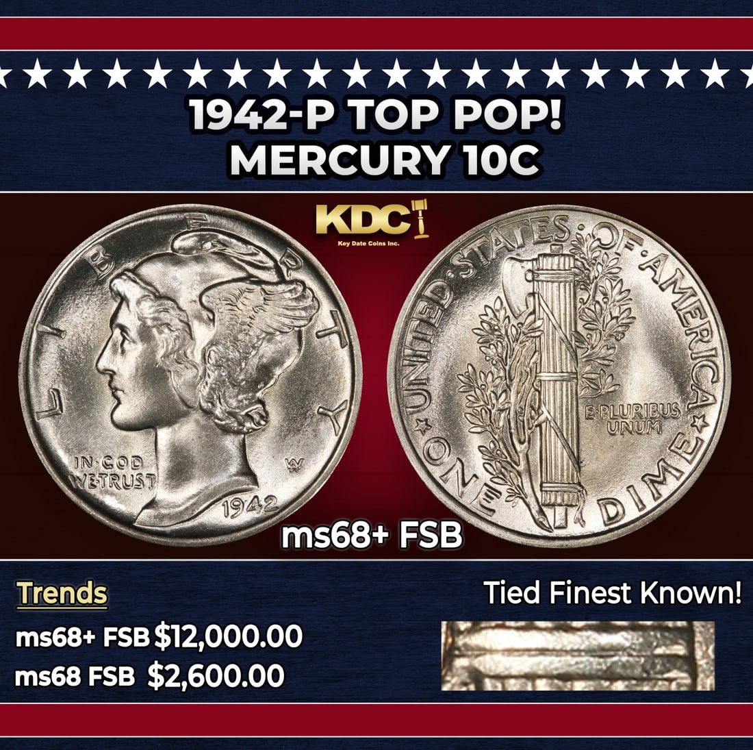 1942-p Mercury Dime TOP POP! 10c ms68+ FSB SEGS: 1942-p TOP POP! Mercury Dime 10c ms68+ FSB SEGS. Historic precious metal trends is causing increased spot pricing by the day. On auctions with set openings, we are doing our best to have items priced